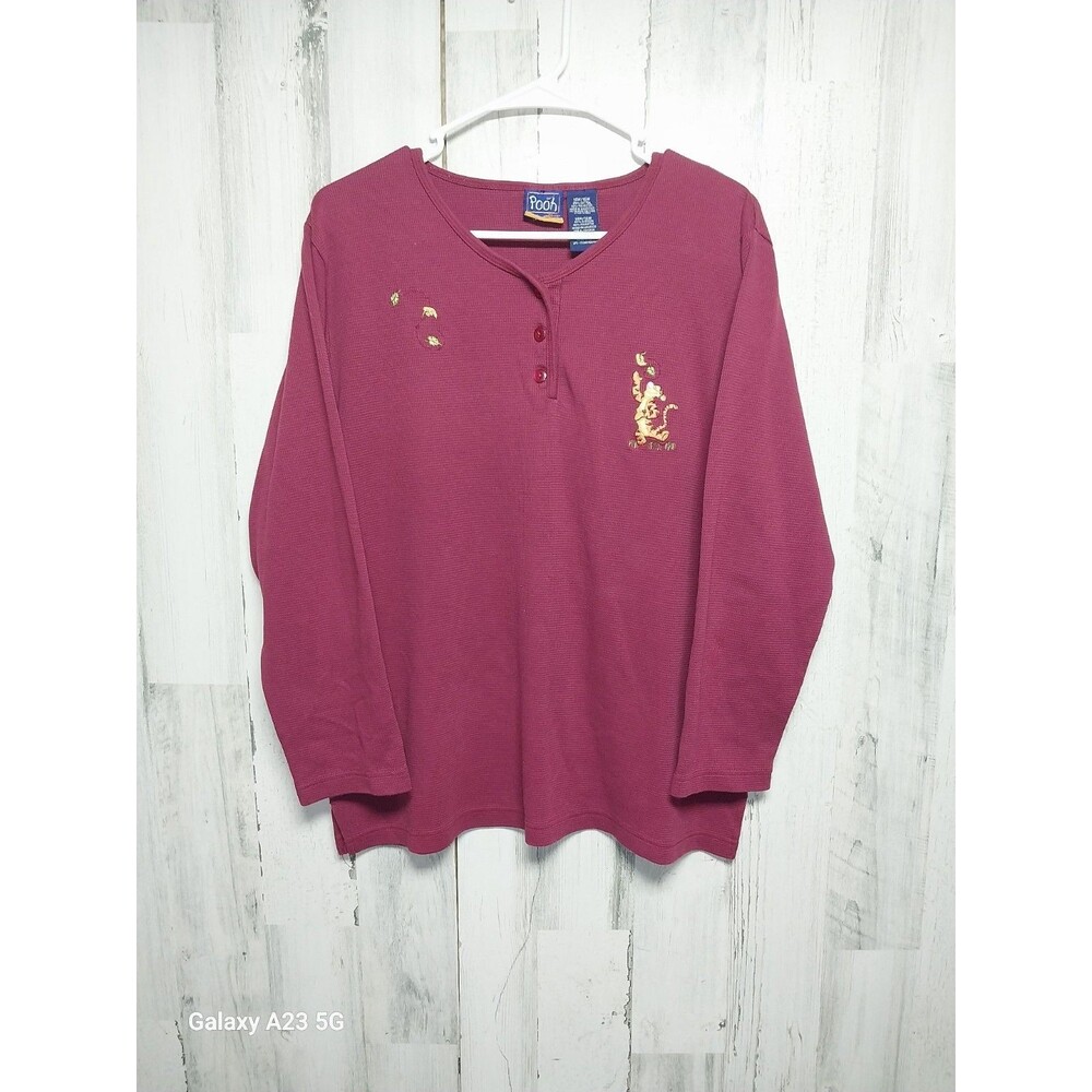 Pooh Womens Maroon T Shirt Henley Embroidered Tiger V Neck Long Sleeve 14W/16W